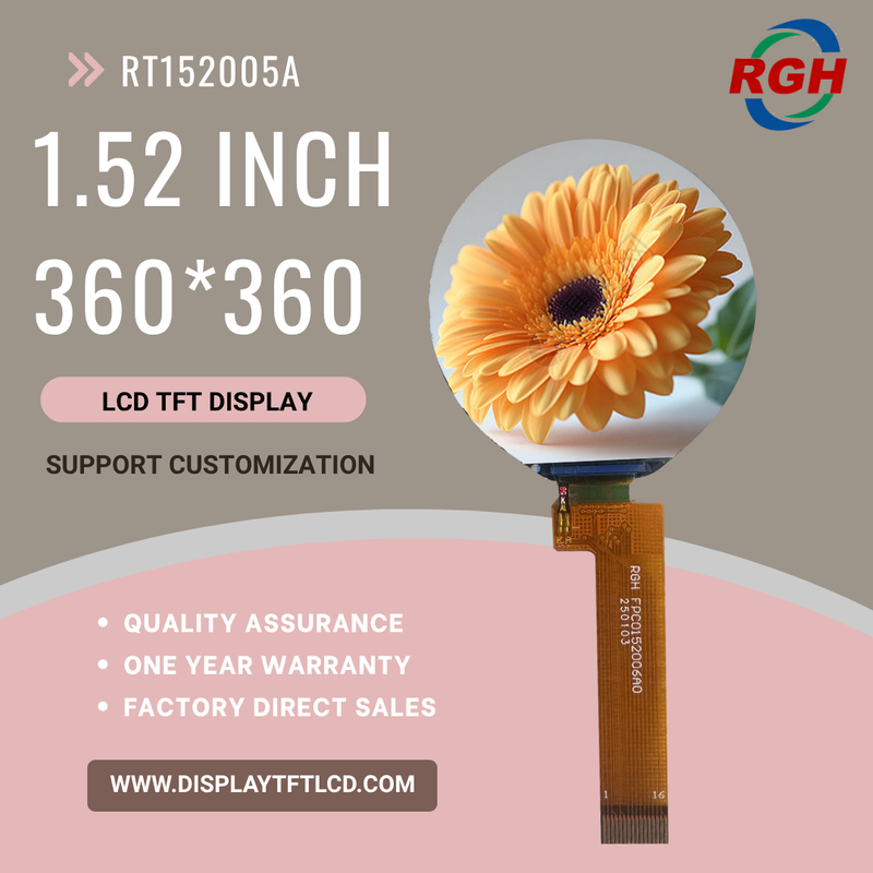 Módulo de Display LCD TFT Transmissivo de 1,52 polegadas 360x360 com Driver ST77916, Brilho de 580 cd/m²